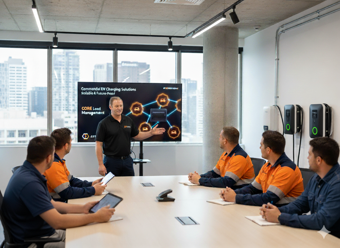 Man presenting to a group of people in a conference room with EV charging solutions displayed on a screen.