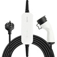 A portable EV car charger with a white body, featuring a GPO to Type 2 connector and a 5-meter cable.