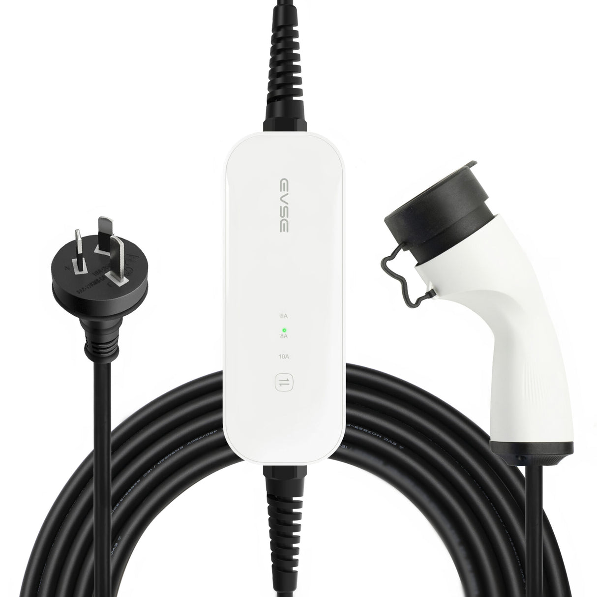 A portable EV car charger with a white body, featuring a GPO to Type 2 connector and a 5-meter cable.