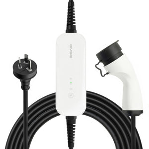 A portable EV car charger with a white body, featuring a GPO to Type 2 connector and a 5-meter cable.